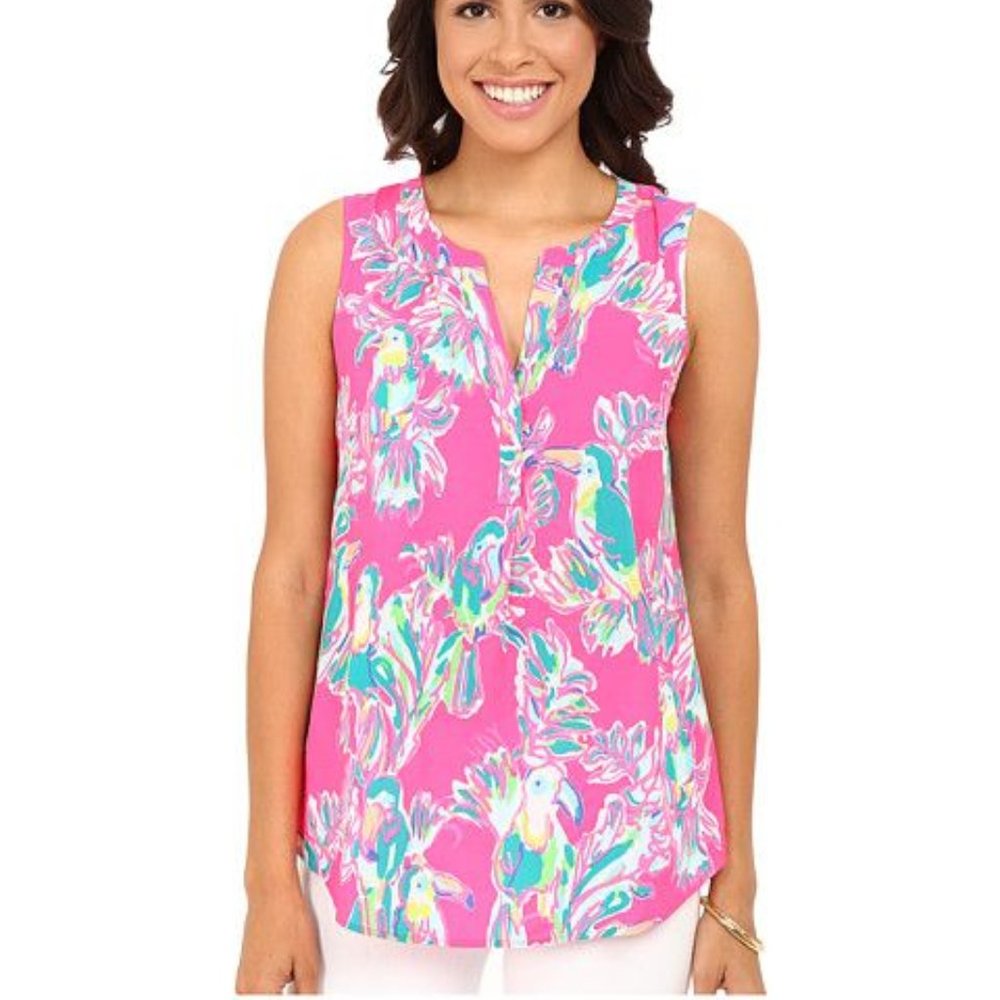 Lilly Pulitzer Stacey Tank Top  Cotton Toucan Dragonfruit XS Pink Tropical